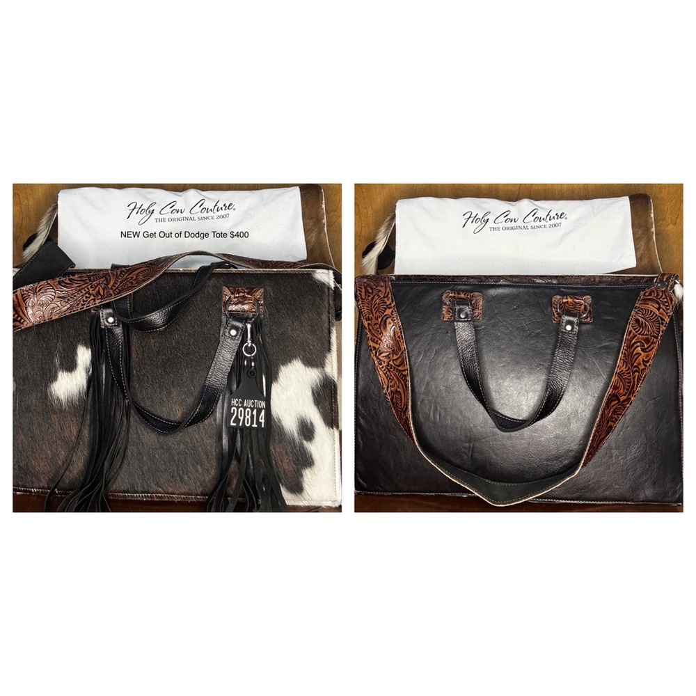 HCC Black and Brown Leather Tote with Structured Design